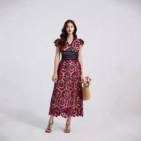 V-neck Lace Puff Sleeve Embroidered Solid Color Dress