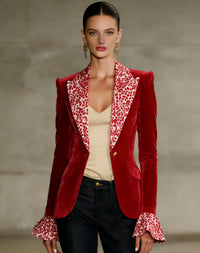 Women's Sweet-and-Cool Color-Block Velvet Blazer With Faux Pockets