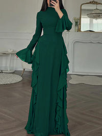 Elegant Casual High-Waisted Solid-Color Flare-Sleeve Dress