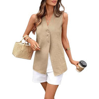 Solid-color Sleeveless Cotton-linen Womens Top