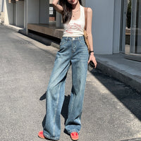 Vintage Blue High Waist Velvet Padded Straight Jeans