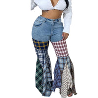 Women's Fashion Stitching Houndstooth Flared Denim Ruffled Trousers