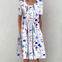 Spring And Summer Women's Elegant Large Swing Round Neck Printed Short Sleeve Dress