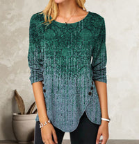 3D Digital Retro Printed Button Irregular Hem Round Neck Long Sleeve