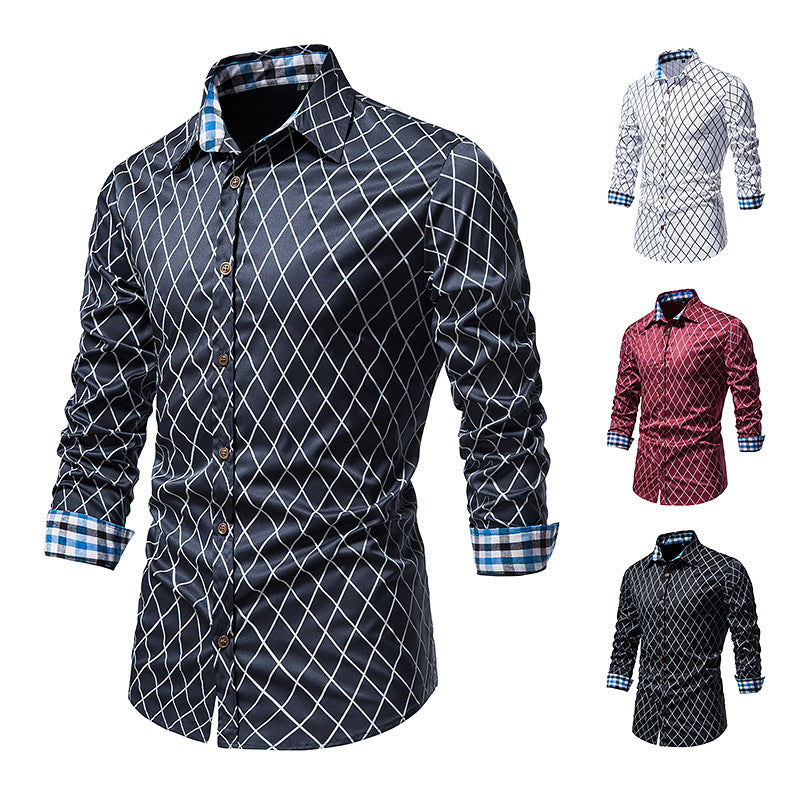 New Fashion Contrast Color Men's Long-sleeved Diamond Check Button Shirt