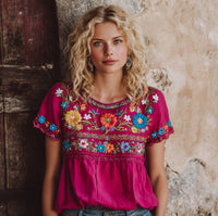 Womens Retro Printed Patchwork Crew-Neck Top