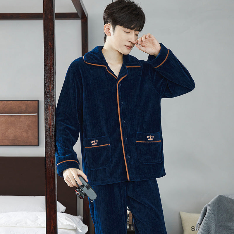 Autumn And Winter Flannel Men's Pajamas Men's Lapel Cardigan