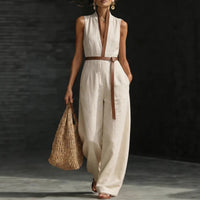 Womens Sleeveless Spliced Off-Shoulder Loose Jumpsuit
