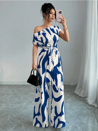 Vacation Style Slant Shoulder Strap Wide Leg Jumpsuit