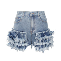 New Fashion Temperament Sexy One Buckle Fringed Ears High Waist Denim Shorts Women