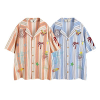 Fashion Vertical Stripes Mermaid Embroidered Short Sleeve Shirt