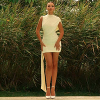 Pleated Puff Sleeve Patchwork Ribbon Dress