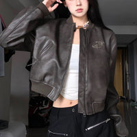 Retro Brown Short Motorcycle Small Leather Coat Pu Jacket Baseball Uniform Baggy Coat Women