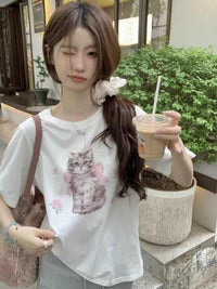 Cat Printing Short-sleeved T-shirt For Women Round Neck Loose Top