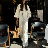 Three-quarter Sleeve Cardigan Top And Loose Wide-leg Pants Two-piece Set