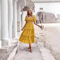 Square Collar Backless Puff Sleeve Pleated Short Sleeves Dress