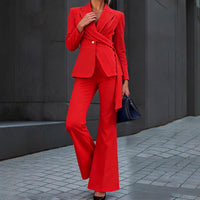 One Button Waist Cinched Belted Flared Pants Suit Set