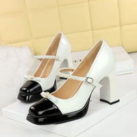 French Retro Style Color-Block Square-Toe Chunky Heel Shoes For Women