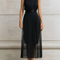 Womens Black Mesh-Panel High-Neck Sleeveless Dress