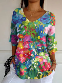 Floral 3d Printed Women's V-neck T-shirt Printed Round Neck Short Sleeve