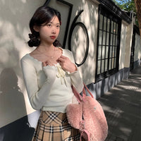 Women's Slim-fit Lace Up Bow U-neck Bottoming Shirt Top