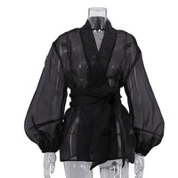 Black Sheer Puff Sleeve V-neck Tie-front Top
