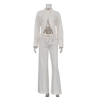 Lapel Long Sleeves Cropped White Shirt Hollow Out Tied Wide Leg Pants Two-piece Set