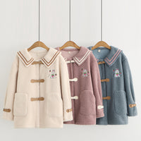 Cute Rabbit Embroidered Fur One Lamb Fur Navy Collar Short Coat Girl
