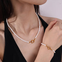 Retro Gentle And Elegant Freshwater Pearl Bracelet And Necklace Set With Stainless Steel Metal Clasps For Commuting Collar Chain