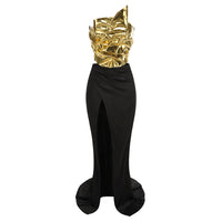 One-shoulder Leather Top Slit Mop Black Dress Two-piece Set Sexy Lacing Backless Light Dress