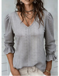 Spring Women's V Neck Hollowed Out Mid Sleeve Top For Women