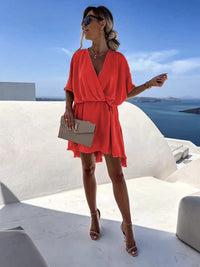 Multicolor Waist-Cinching V-Neck Elegant Womens Dress