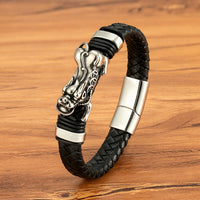 Gold And Steel-Colored Leopard-Pattern Dragon Pi Xiu Stainless Steel Leather Magnetic-Clasp Mens Bracelet