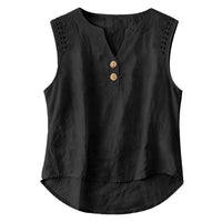 Solid-color V-neck Hollow-out Button Cotton-linen Short-sleeve Top Shirt