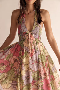 V-neck Resort-style Backless Sleeveless Printed Dress