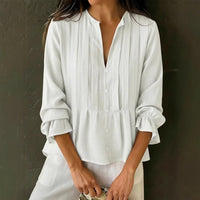 Casual Solid-color V-neck Long-sleeve Striped Cotton-linen Top