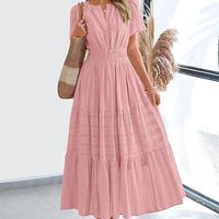 Vneck Pleated Puff Sleeve Layered Maxi Dress For Women