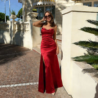 Fully Managed Suspender Backless Strappy Slit Light Formal Dress Satin Gown