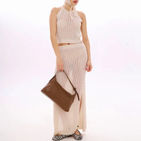 Womens Knitted Crew-Neck Vest And Long Skirt Set For Women