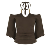 American-style Vintage Off-shoulder Figure-hugging Beaded Halter Womens Blouse
