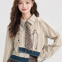 Preppy Style Springsummer Chic Striped Shirt Women's Irregular Short Long Sleeve