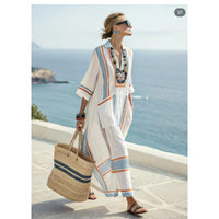 Beach Vacation Long Striped Embroidered Dress