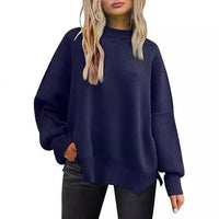 Thick Needle Side Slit Sweater Round Neck Loose Solid Color Batwing Long Sleeve Sweater For Women