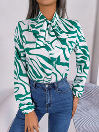 Women's Elegant Color Block Stripe Tie Waist Lantern Sleeve Chiffon Top