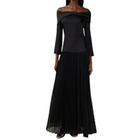 Off-shoulder Long-sleeve Slim-fit Black Patchwork Dress