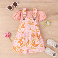 Bubble Sleeve Printed Suspender Shorts Suit