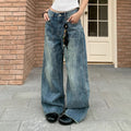 Retro Patchwork Design Wide Leg Jeans Casual Mopping Trousers