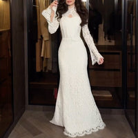 Womens Sexy Stand Collar Lace Hollow-Out Bodycon Dress
