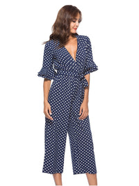 Half sleeve V-neck polka dot print jumpsuit