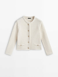 Buckle Striped Classic Style Knitted Cardigan Sweater Short Coat